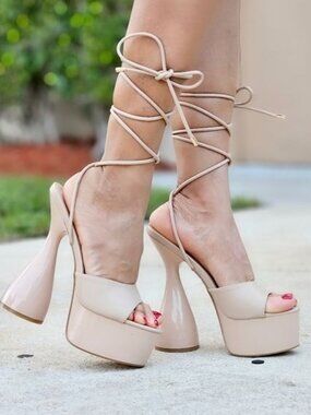 Women Ankle Strap High Chunky Heel Platform Sandals Nude Color